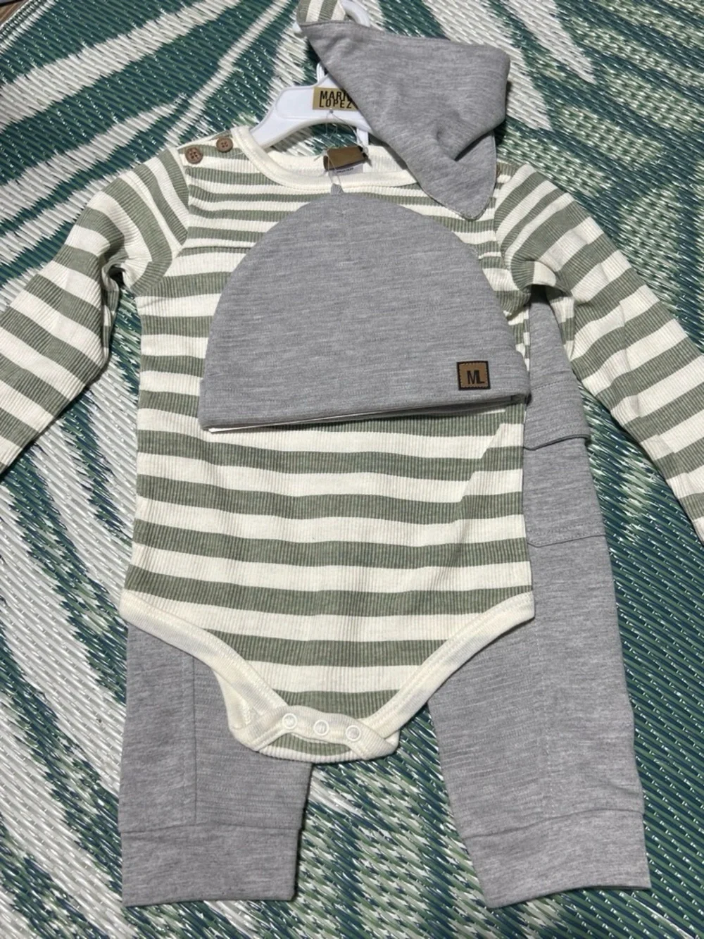 Striped Green & Gray Baby Bodysuit Set with Hat